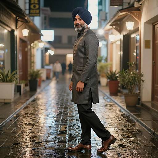 South Asian Man in Traditional Kurta Overcoat at Night