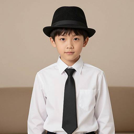 Photograph of an Asian boy with short black hair, wearing a black bowler hat, white dress shirt, and black tie, standing against a plain