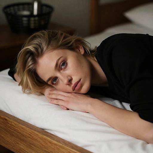 Introspective Blonde on Wooden Bed