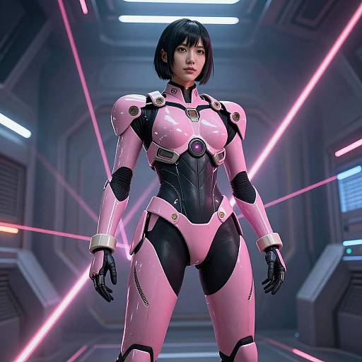 CGI image of an Asian woman in a shiny, pink and black sci-fi armored suit, standing in a futuristic corridor with neon lights.