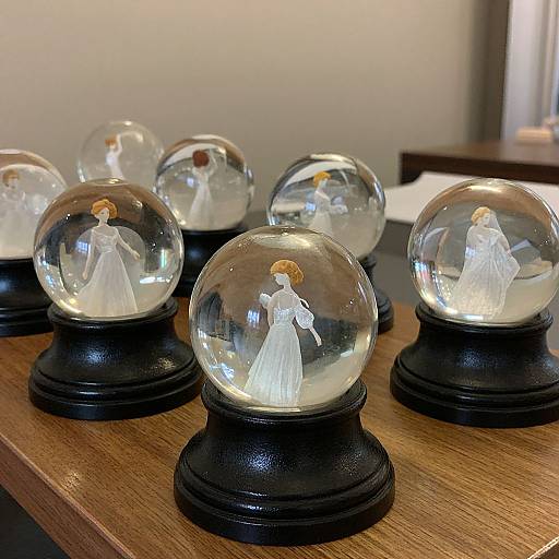 Photograph of six glass snow globes with white-dressed porcelain angel dolls, each on black bases, displayed on a wooden table.