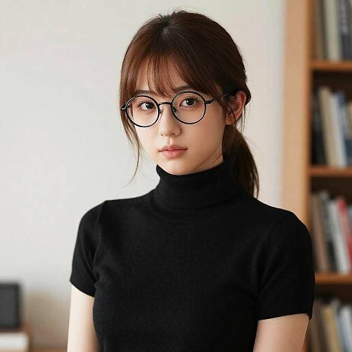 Photograph of an Asian woman with fair skin, brown hair in a ponytail, wearing black turtleneck and round glasses, standing in a brightly