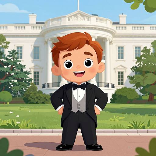 Cartoon boy with brown hair, in black tuxedo, stands in front of White House, smiling, hands on hips, sunny day.