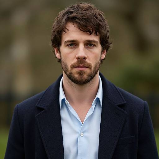 Photograph of a handsome, bearded white man with tousled brown hair, wearing a dark blazer and light blue shirt, standing outdoors with a