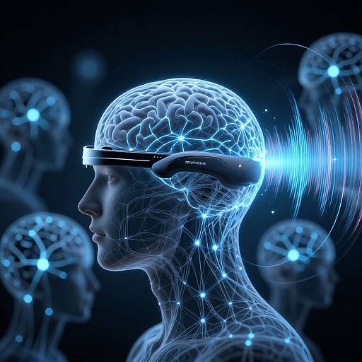 Digital CGI of a glowing, translucent human head in profile with a brain-computer interface emitting blue light, surrounded by blurred, glowing brain silhouettes