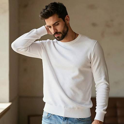 Photograph of a bearded man with dark hair, wearing a white long-sleeve shirt and blue jeans, standing by a sunlit window,