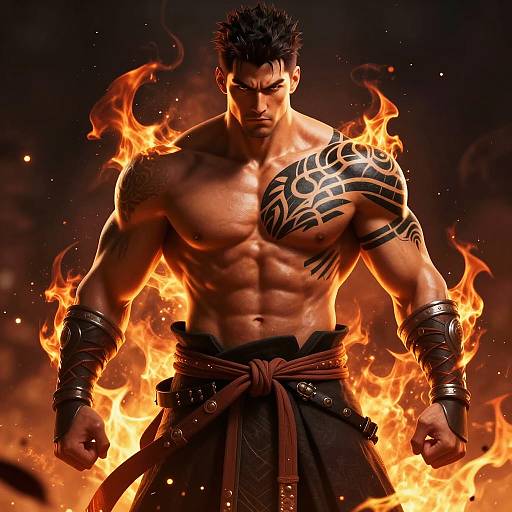 Muscular Warrior with Tribal Tattoo and Flames