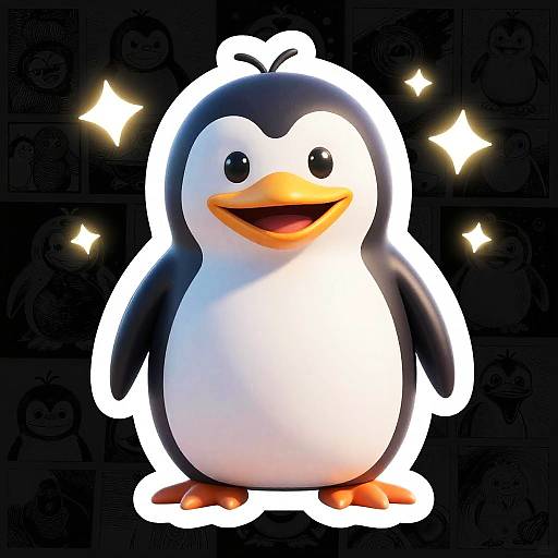 CGI cartoon penguin with white belly, black head, orange beak, and feet, glowing with bright white outline, surrounded by sparkling lights.