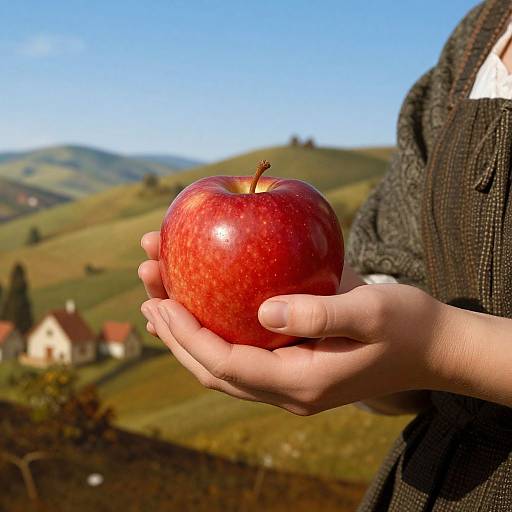 Photograph of a hand holding a shiny red apple in a sunlit, rolling countryside with distant houses and blue sky.