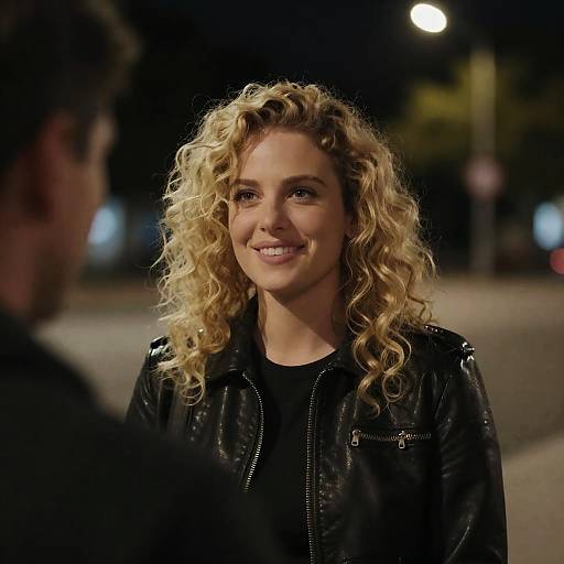 Smiling blonde woman in black leather jacket at night