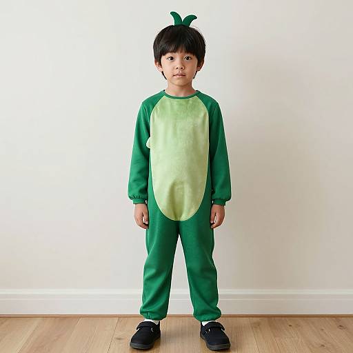 Photograph of an Asian boy with short black hair, wearing a green onesie with a light green chest, black shoes, standing against a plain white