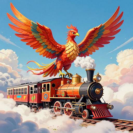 Digital artwork: Vibrant red phoenix with outstretched wings sits atop a colorful steam locomotive, flying through a bright blue sky with fluffy clouds.