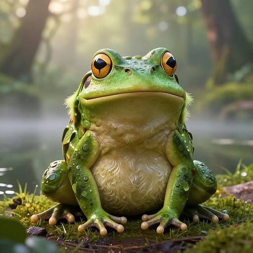 Photorealistic CGI of a vibrant green frog with large, orange eyes, sitting on mossy forest floor, surrounded by misty, sunlit woodland