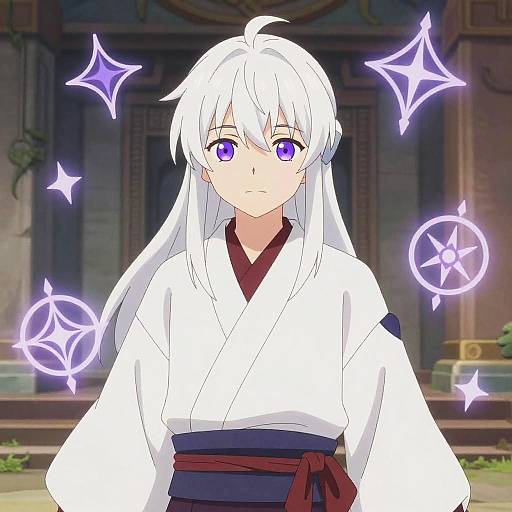 Anime-style digital drawing of a white-haired, purple-eyed character in a white kimono with purple magical symbols floating around. Background is a dimly lit