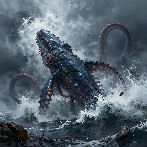 Digital artwork of a monstrous, blue-scaled sea creature with glowing blue eyes and tentacles, emerging from turbulent, stormy ocean waves.