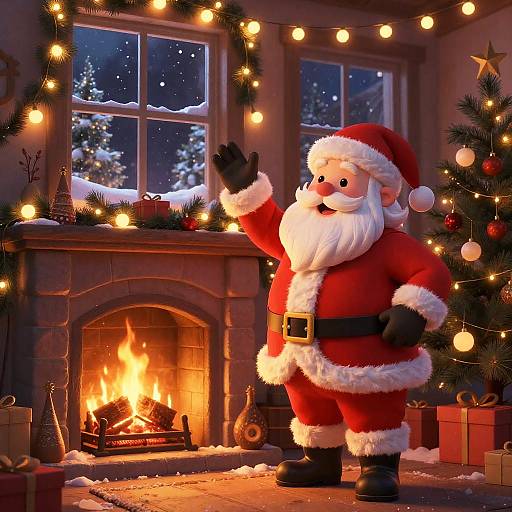 Digital illustration of Santa Claus waving in a cozy, lit fireplace room with Christmas tree, lights, snow outside, and gifts.
