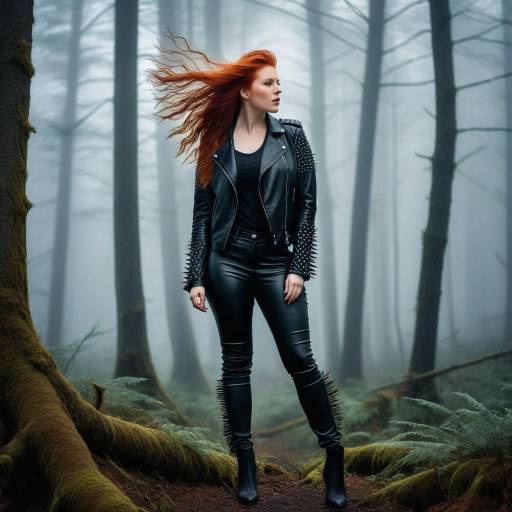 Red-Haired Woman in Black Leather Outfit in Foggy Forest