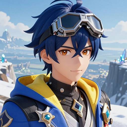 CGI portrait of a blue-haired, brown-eyed anime boy with goggles, wearing a blue and yellow jacket, set against a snowy mountain backdrop.