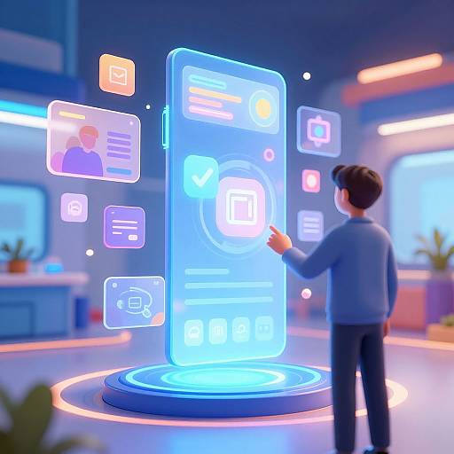 CGI image: A man in a blue sweater interacts with a glowing, holographic screen displaying icons and user profiles in a futuristic, neon-lit