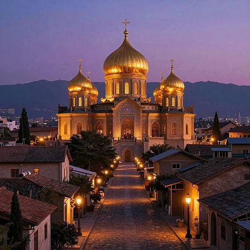 Photograph of a illuminated, golden-domed Orthodox church at dusk, with a cobblestone path leading to its glowing entrance, surrounded by dimly