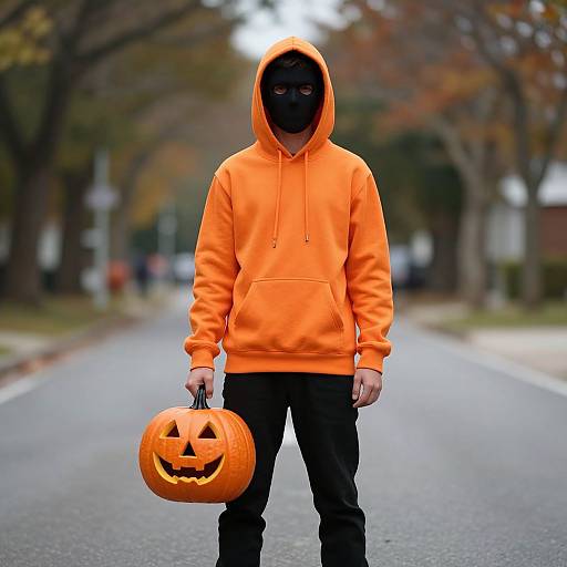Photograph of a man in an orange hoodie and black pants, wearing a black mask, holding a carved pumpkin bucket on a suburban street in autumn.