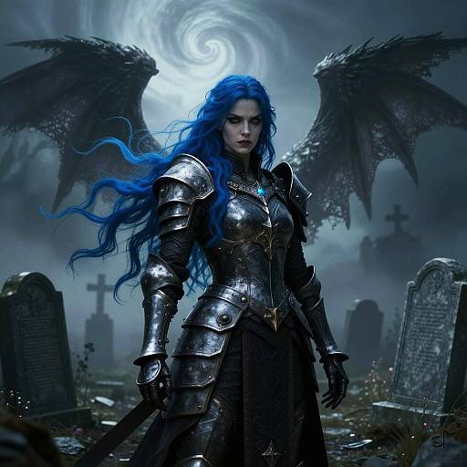 Fierce Woman in Dark Armor with Blue Hair in Foggy Graveyard