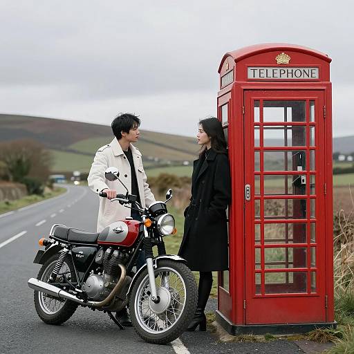 Couple Beside British Telephone Booth and Vintage Motorcycle