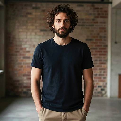 Photograph of a curly-haired, bearded man with a serious expression, wearing a black t-shirt and beige pants, standing against a brick wall background