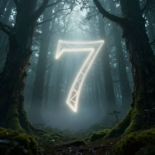 Photograph of a mystical forest at night with a glowing, neon white number 