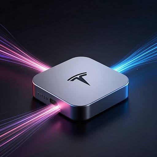 Photograph of a sleek, silver, square HTC device emitting vibrant pink and blue laser beams against a dark background.