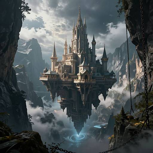 Digital fantasy artwork of a floating, Gothic-style castle with intricate spires, surrounded by misty mountains and a glowing blue vortex below.