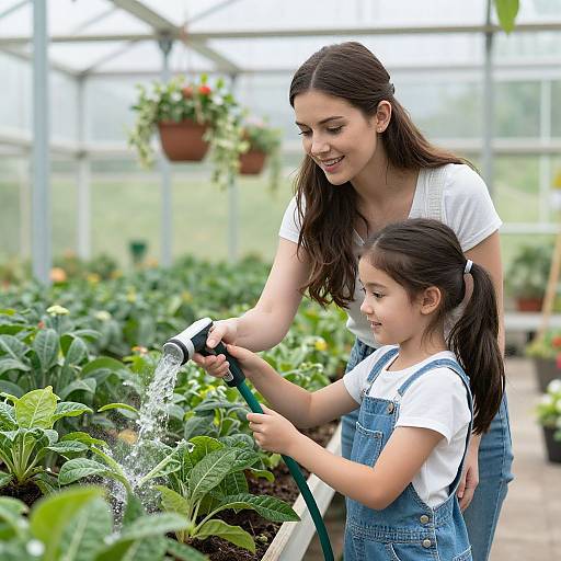 Photograph of a smiling brunette woman in white shirt and blue overalls, watering plants with a young girl in pigtails.