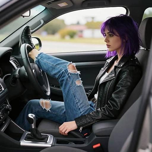 Photograph of a young woman with purple hair, wearing a black leather jacket and ripped blue jeans, sitting casually in a car with one leg on the