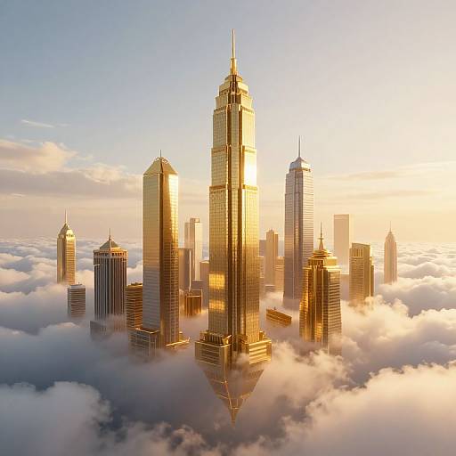 Photorealistic CGI of a golden-hued skyscraper cityscape emerging from fluffy white clouds at sunrise, with sunlight casting warm glow on glass and steel