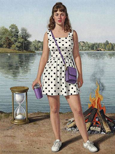 Photograph of a curvy woman with dark curly hair, wearing a white polka dot dress, white sneakers, purple crossbody bag, and holding