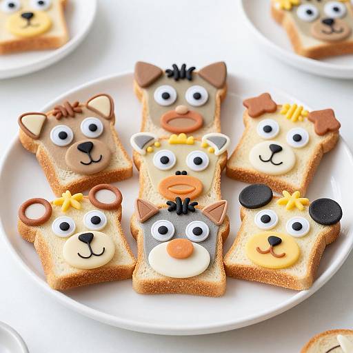Photograph of a white plate with eight cartoon dog-shaped toast pieces, each with colorful fondant eyes, noses, and ears on top.