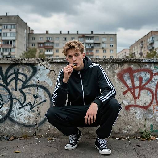 Photograph of a young, blonde-haired boy in a black Adidas track suit, squatting on a graffiti-covered concrete wall, chewing gum, with urban