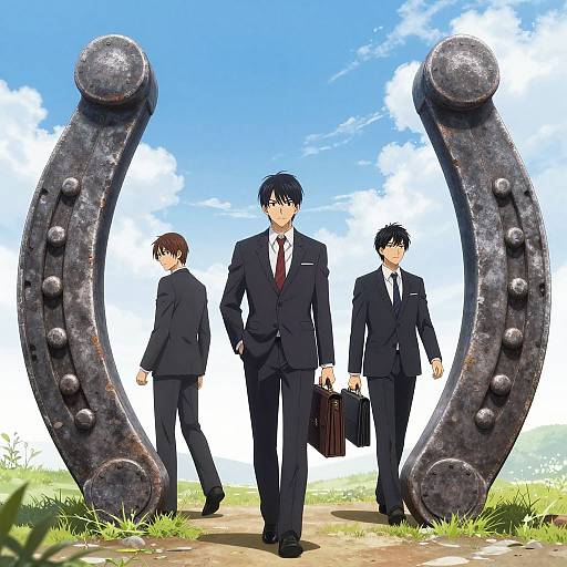 Three men in black suits with briefcases walking through a large, rusty horseshoe in a bright blue sky with white clouds.