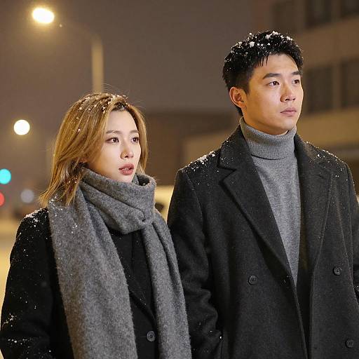 Couple Embraces on a Snowy Night