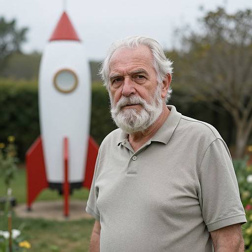 Photograph of an older white man with gray beard and hair, wearing a light gray polo shirt, standing in front of a white rocket-shaped sculpture with