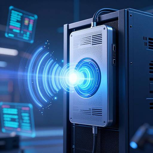 Photograph of a futuristic, blue-lit server emitting bright circular energy rings, set against a dark, tech-filled background with glowing screens.