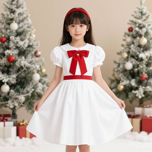 Asian woman with long black hair, red headband, white dress with red bow, standing in front of decorated Christmas trees.