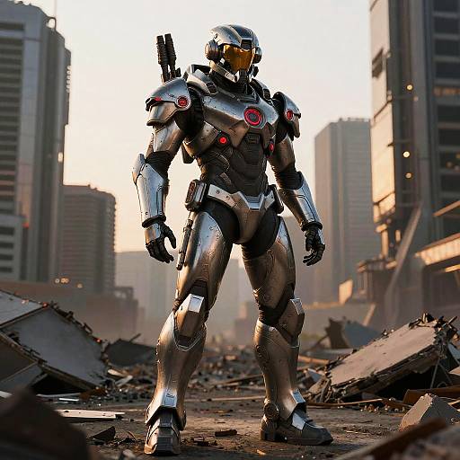 Photorealistic CGI of a silver, armored futuristic soldier with red accents standing in a ruined, sunlit urban battlefield. Tall buildings in background.