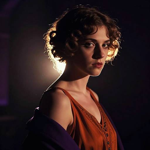 Photograph of a young woman with short curly brown hair, wearing an orange sleeveless top, illuminated by a soft backlight. Dark, shadowy background