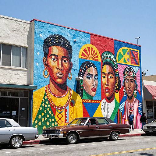 Vibrant mural of four diverse Native American faces in colorful traditional clothing on a blue, red, and yellow building, with classic cars parked in front