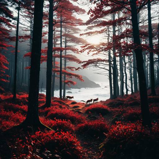 Crimson Forest with Fog and Foxes Crimson Forest with Fog and Foxes