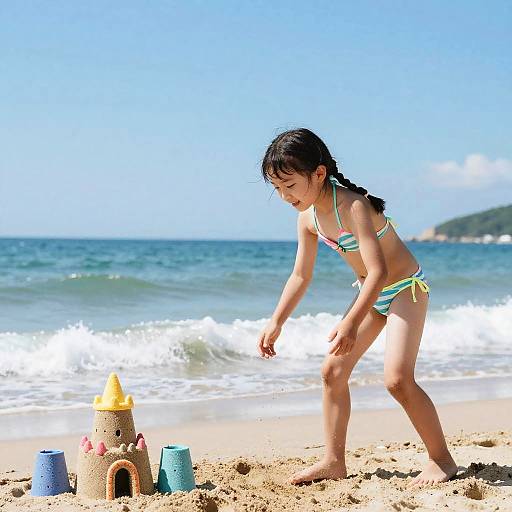 Cheerful Girl Playing on Sunny Beach