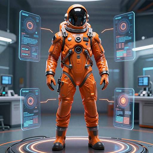 Digital art: Orange astronaut in futuristic lab with glowing holographic screens, standing on circular platform, background blurred with monitors.