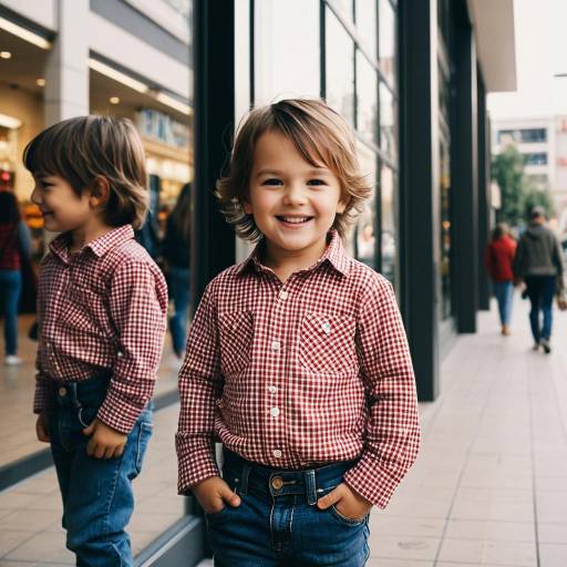 Smiling toddler in red checkered shirt near shopping mall