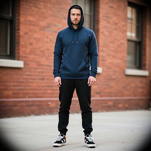 Photograph of a bearded man in a navy hoodie, black pants, and black-and-white sneakers, standing against a red brick wall.